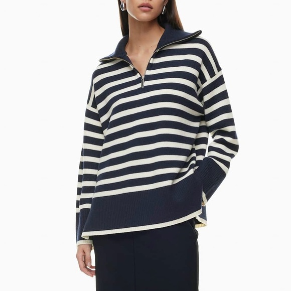 Aritzia Babaton Overseas Merino Wool Striped Half Zip Sweater Blue White Sz XXS - Picture 1 of 12